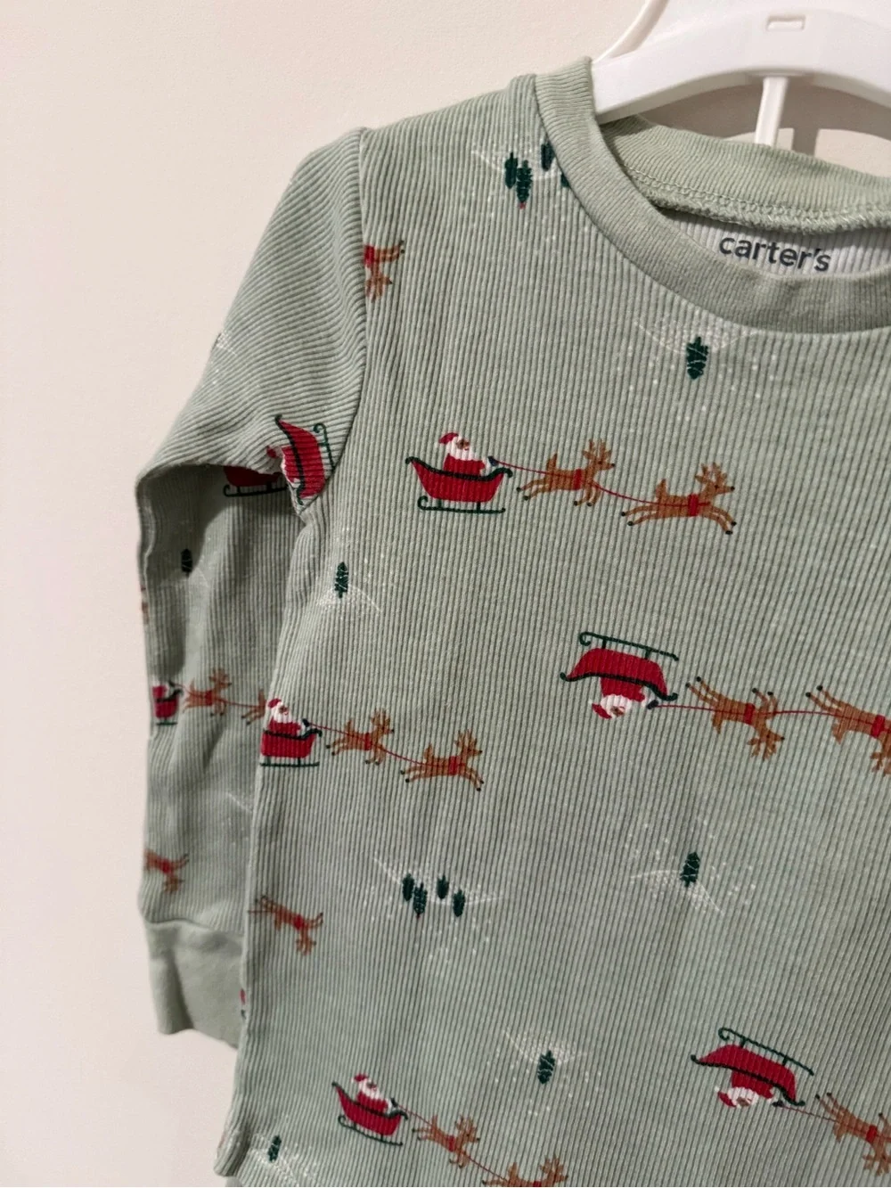Carter's Light Sage Green Santa & Reindeer Pajama Set